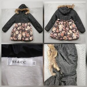 SS&CC Girls Puffer Coat Floral Faux Fur Hooded Belted Winter Size 160
